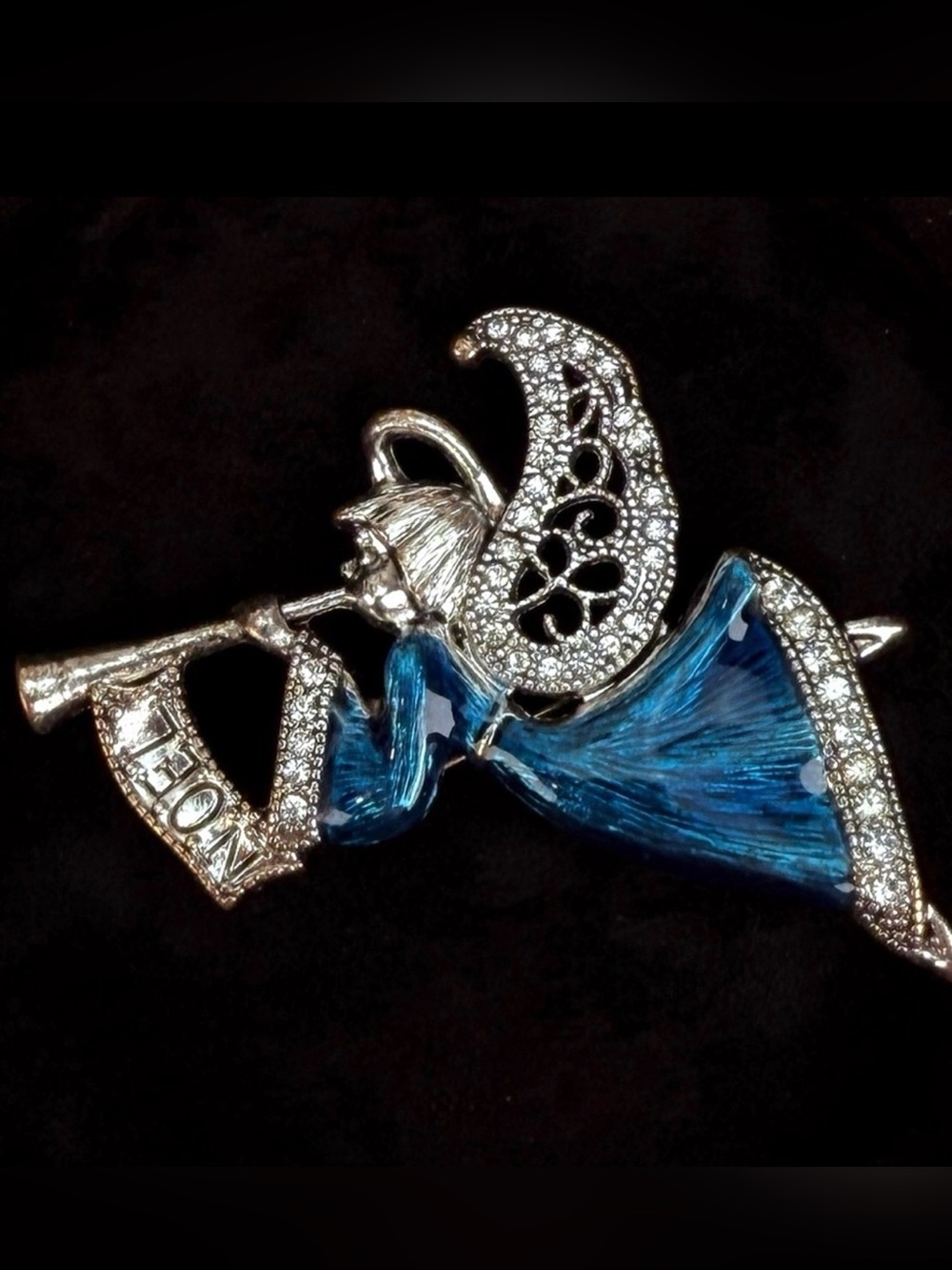 Vintage Silver Angel Horn Noel Brooch Blue Enamel Christmas Holiday Pin